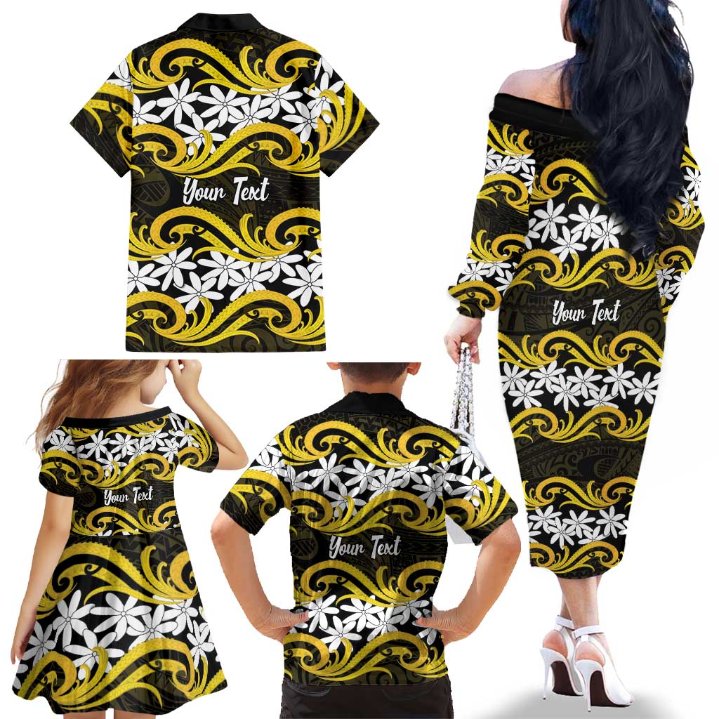 Personalised Cook Islands Aitutaki Family Matching Off The Shoulder Long Sleeve Dress and Hawaiian Shirt Tiare Maori Polynesian Waves Tattoo LT14 - Polynesian Pride