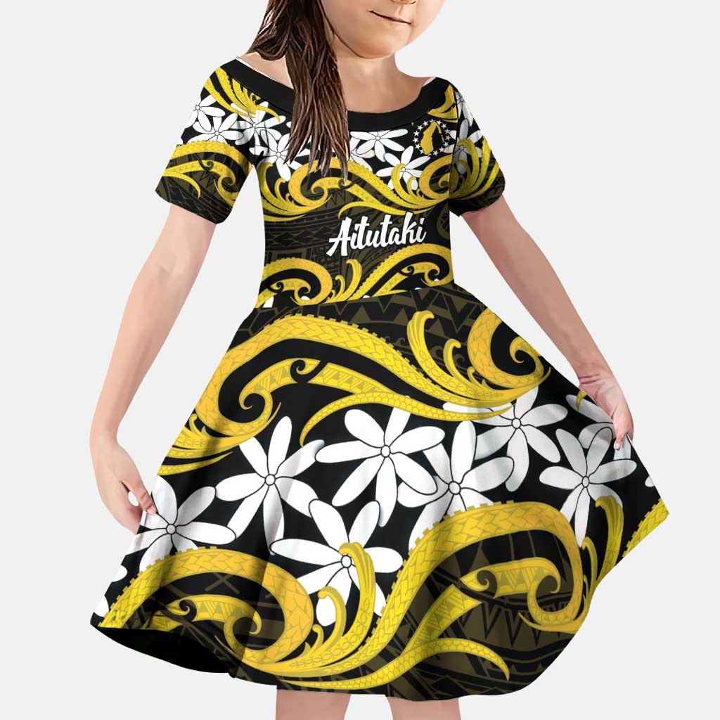 Personalised Cook Islands Aitutaki Family Matching Off Shoulder Maxi Dress and Hawaiian Shirt Tiare Maori Polynesian Waves Tattoo LT14 Daughter's Dress Yellow - Polynesian Pride