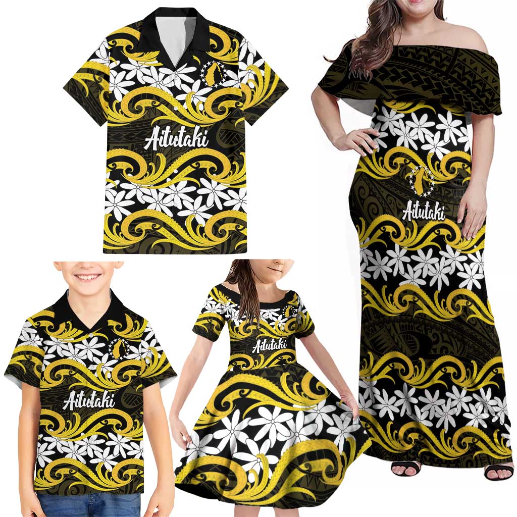 Personalised Cook Islands Aitutaki Family Matching Off Shoulder Maxi Dress and Hawaiian Shirt Tiare Maori Polynesian Waves Tattoo