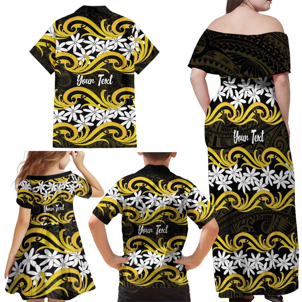 Personalised Cook Islands Aitutaki Family Matching Off Shoulder Maxi Dress and Hawaiian Shirt Tiare Maori Polynesian Waves Tattoo LT14 - Polynesian Pride