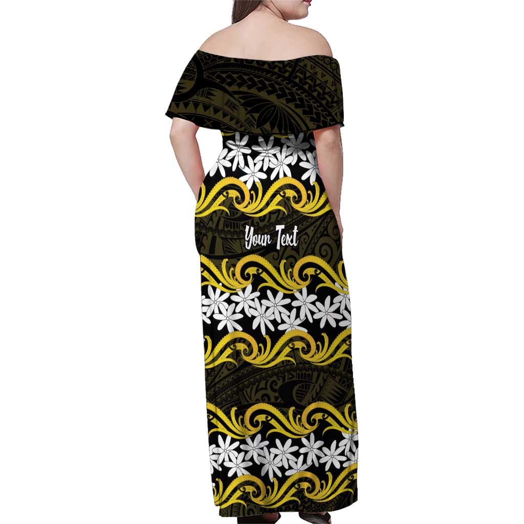 Personalised Cook Islands Aitutaki Family Matching Off Shoulder Maxi Dress and Hawaiian Shirt Tiare Maori Polynesian Waves Tattoo LT14 - Polynesian Pride