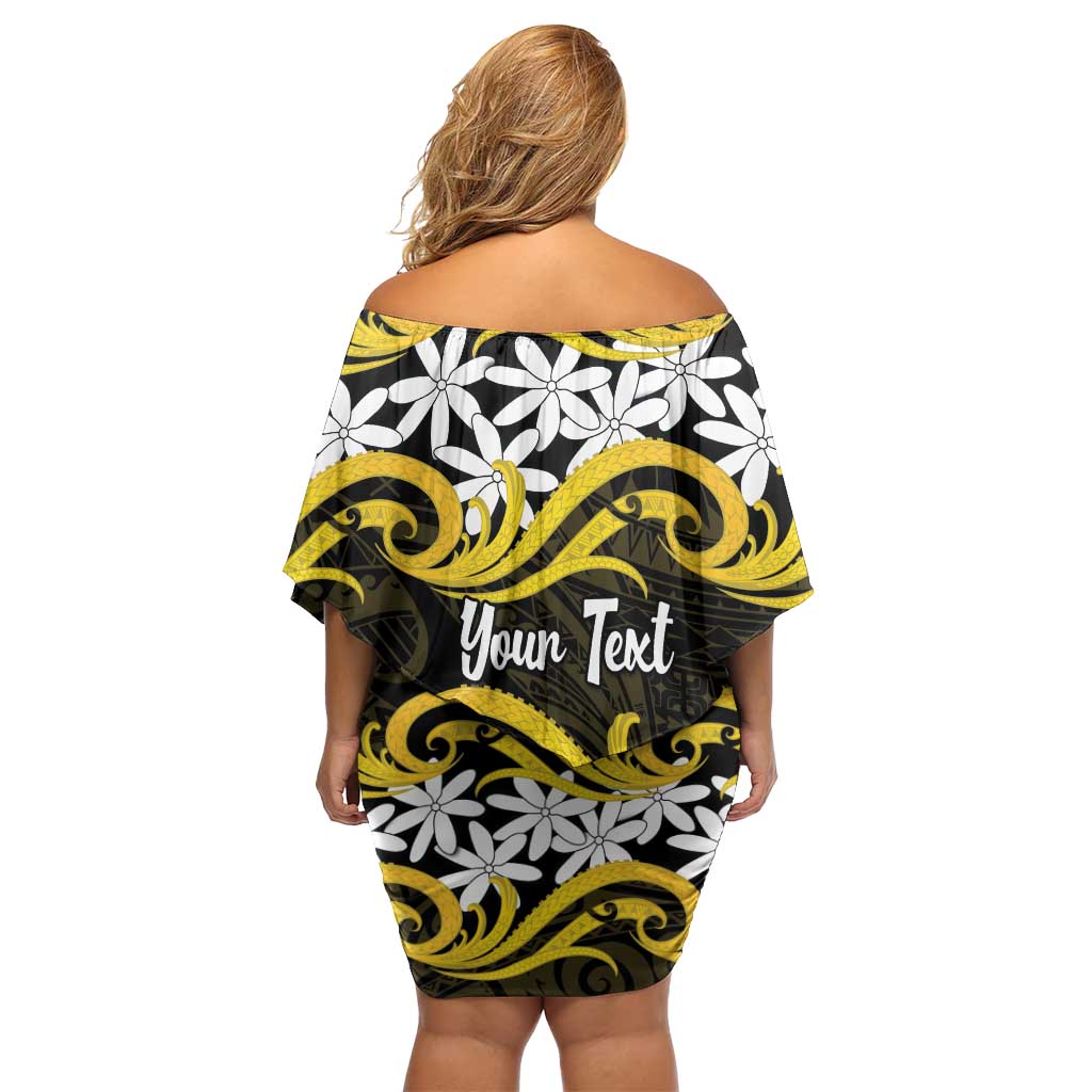 Personalised Cook Islands Aitutaki Family Matching Off Shoulder Short Dress and Hawaiian Shirt Tiare Maori Polynesian Waves Tattoo LT14 - Polynesian Pride