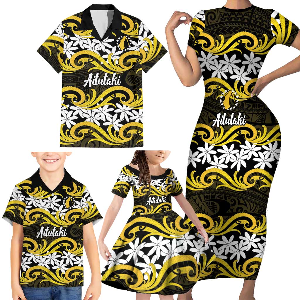 Personalised Cook Islands Aitutaki Family Matching Short Sleeve Bodycon Dress and Hawaiian Shirt Tiare Maori Polynesian Waves Tattoo LT14 - Polynesian Pride