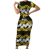 Personalised Cook Islands Aitutaki Family Matching Short Sleeve Bodycon Dress and Hawaiian Shirt Tiare Maori Polynesian Waves Tattoo LT14 Mom's Dress Yellow - Polynesian Pride