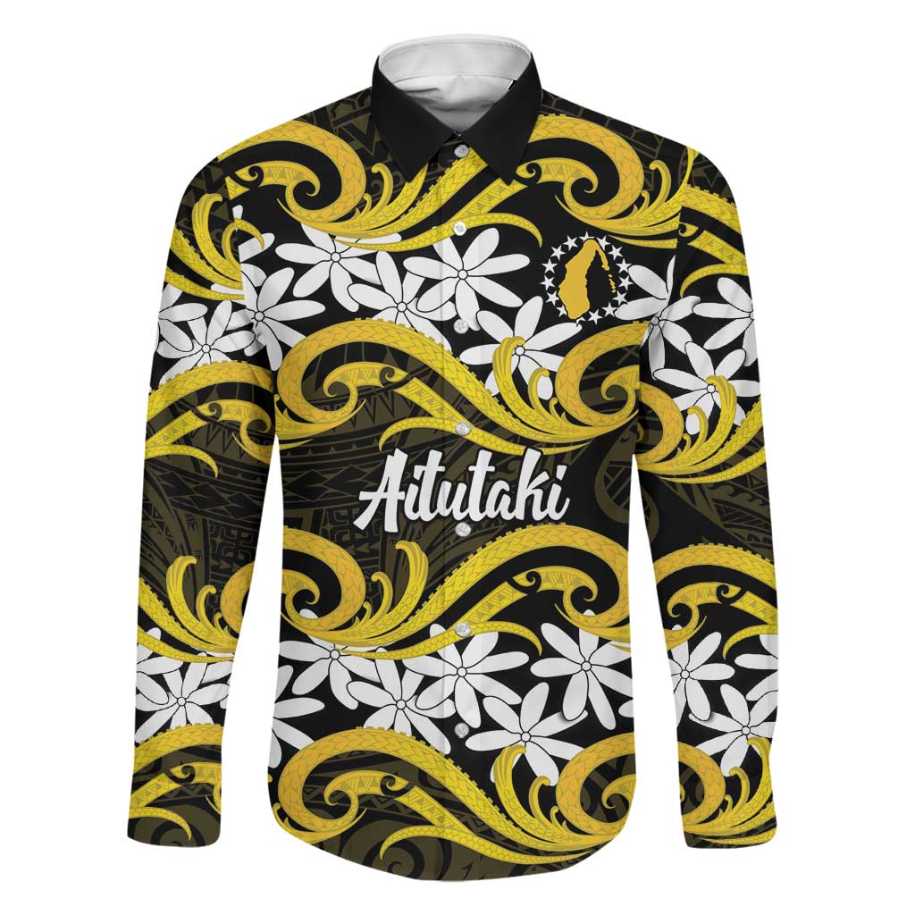 Personalised Cook Islands Aitutaki Family Matching Summer Maxi Dress and Hawaiian Shirt Tiare Maori Polynesian Waves Tattoo LT14 Dad's Shirt - Long Sleeve Yellow - Polynesian Pride