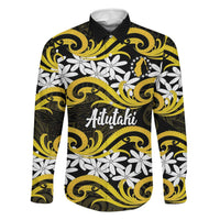 Personalised Cook Islands Aitutaki Family Matching Tank Maxi Dress and Hawaiian Shirt Tiare Maori Polynesian Waves Tattoo LT14 Dad's Shirt - Long Sleeve Yellow - Polynesian Pride