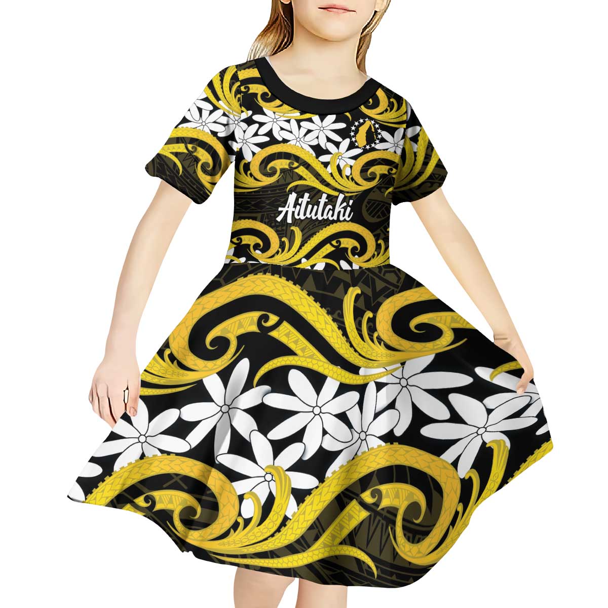 Personalised Cook Islands Aitutaki Kid Short Sleeve Dress Tiare Maori Polynesian Waves Tattoo