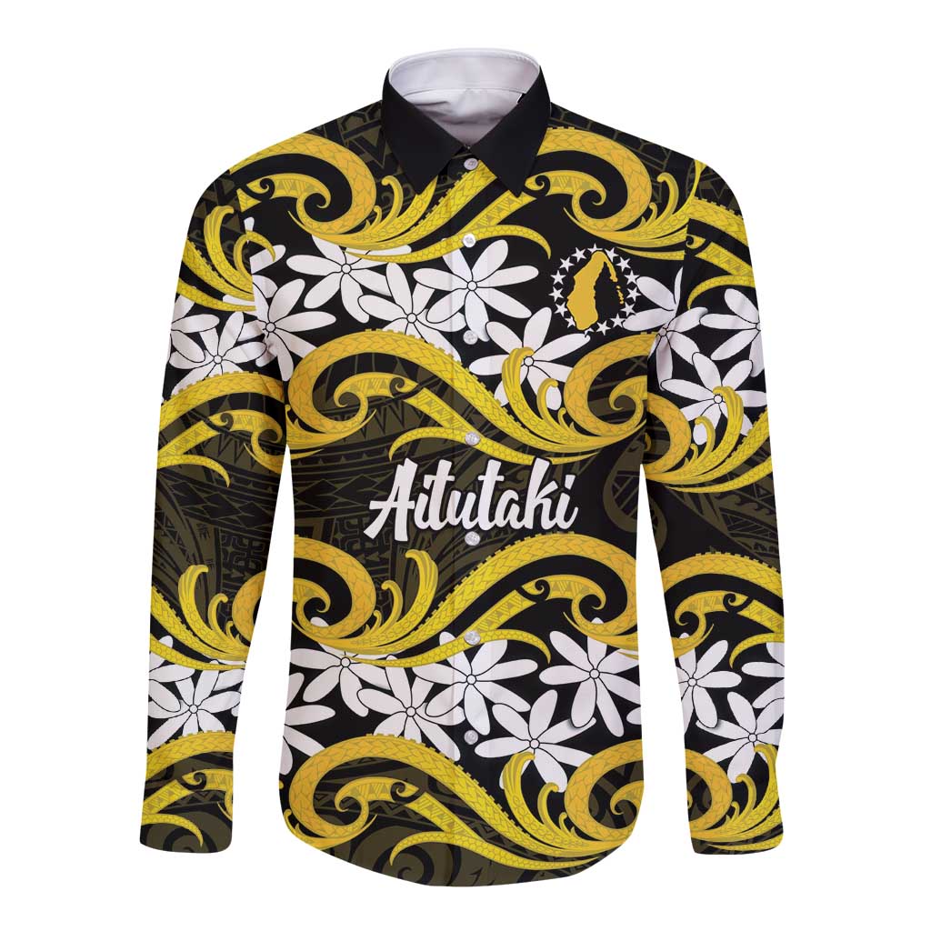 Personalised Cook Islands Aitutaki Long Sleeve Button Shirt Tiare Maori Polynesian Waves Tattoo