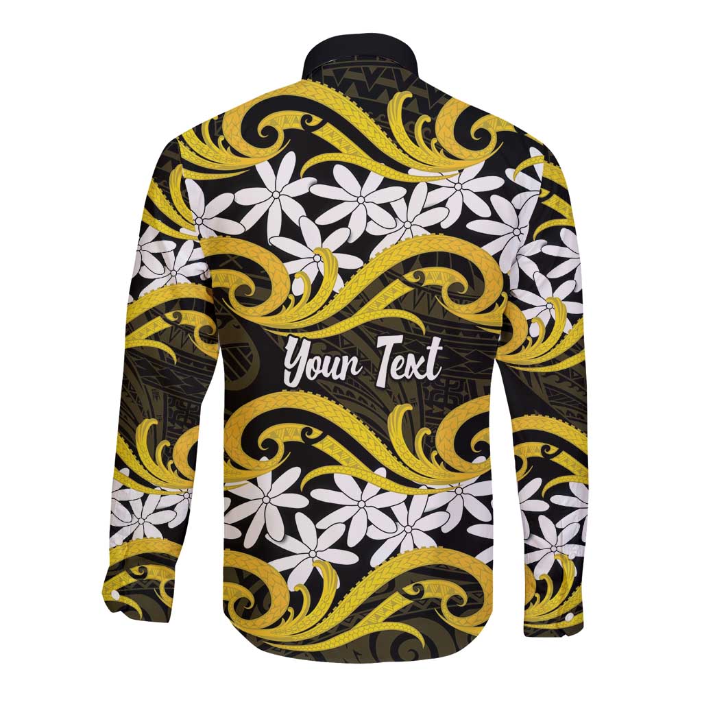 Personalised Cook Islands Aitutaki Long Sleeve Button Shirt Tiare Maori Polynesian Waves Tattoo