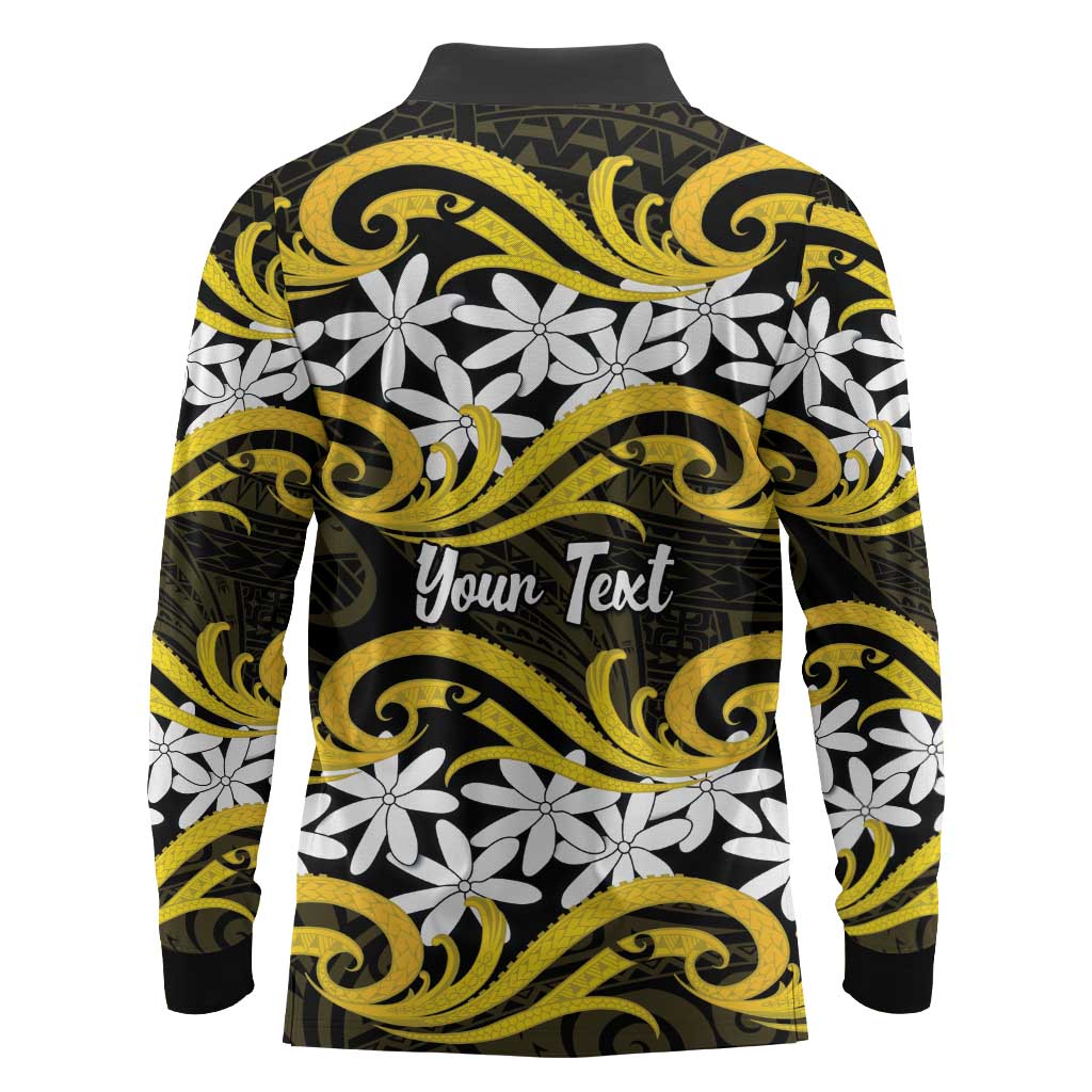 Personalised Cook Islands Aitutaki Long Sleeve Polo Shirt Tiare Maori Polynesian Waves Tattoo