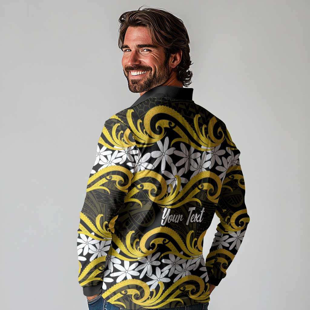 Personalised Cook Islands Aitutaki Long Sleeve Polo Shirt Tiare Maori Polynesian Waves Tattoo