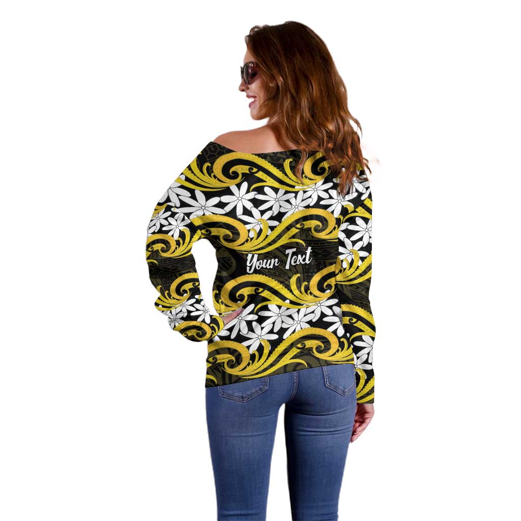 Personalised Cook Islands Aitutaki Off Shoulder Sweater Tiare Maori Polynesian Waves Tattoo