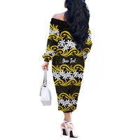 Personalised Cook Islands Aitutaki Off The Shoulder Long Sleeve Dress Tiare Maori Polynesian Waves Tattoo