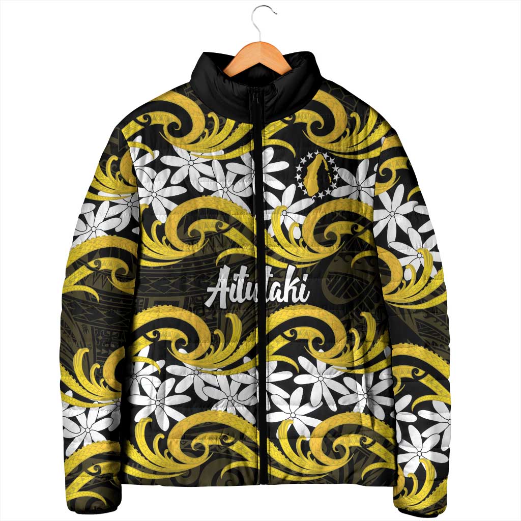 Personalised Cook Islands Aitutaki Padded Jacket Tiare Maori Polynesian Waves Tattoo