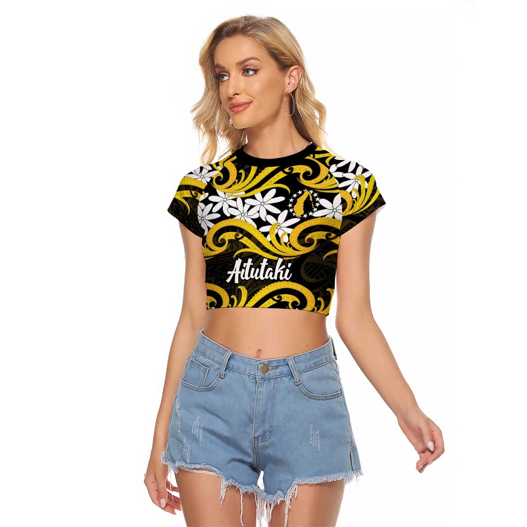 Personalised Cook Islands Aitutaki Raglan Cropped T Shirt Tiare Maori Polynesian Waves Tattoo