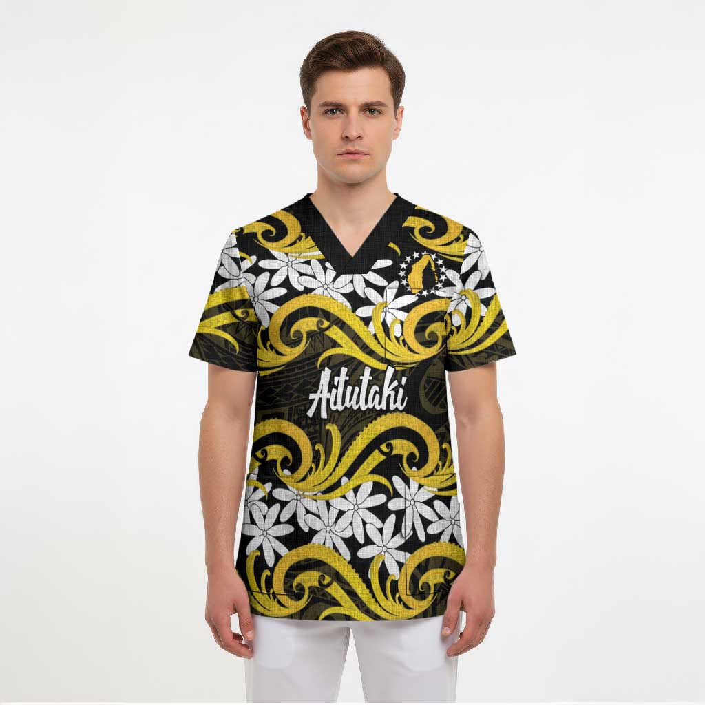 Personalised Cook Islands Aitutaki Scrub Top Tiare Maori Polynesian Waves Tattoo