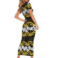 Personalised Cook Islands Aitutaki Short Sleeve Bodycon Dress Tiare Maori Polynesian Waves Tattoo