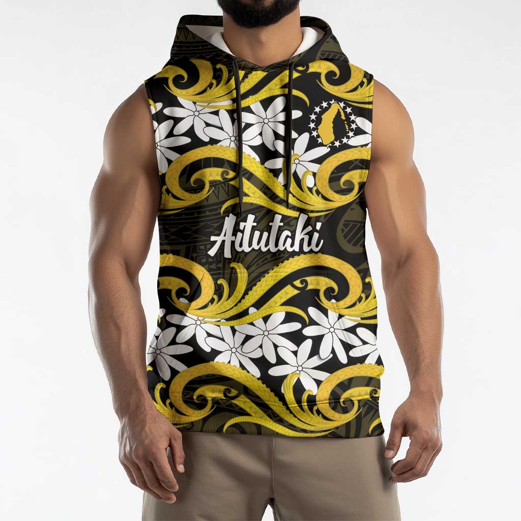 Personalised Cook Islands Aitutaki Sleeveless Hoodie Tiare Maori Polynesian Waves Tattoo
