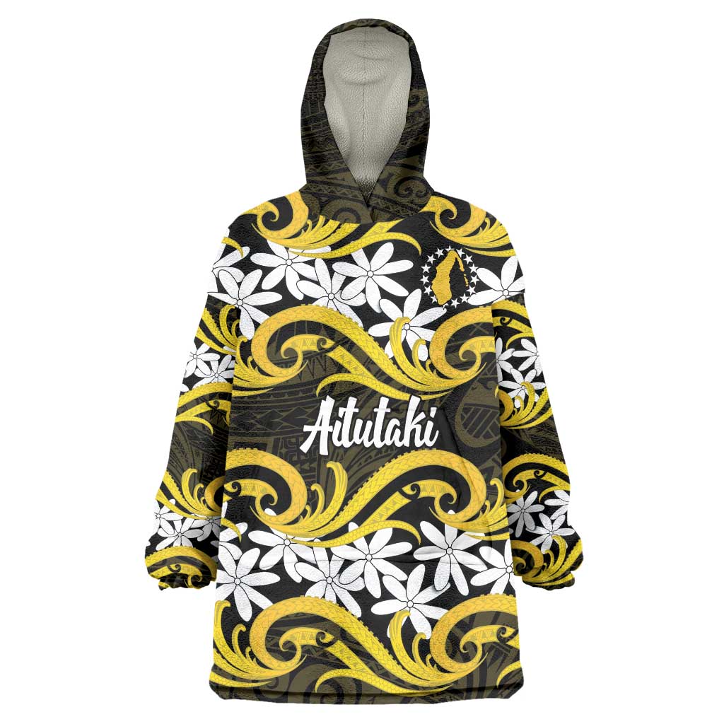 Personalised Cook Islands Aitutaki Wearable Blanket Hoodie Tiare Maori Polynesian Waves Tattoo