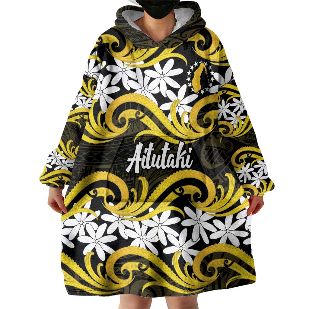 Personalised Cook Islands Aitutaki Wearable Blanket Hoodie Tiare Maori Polynesian Waves Tattoo