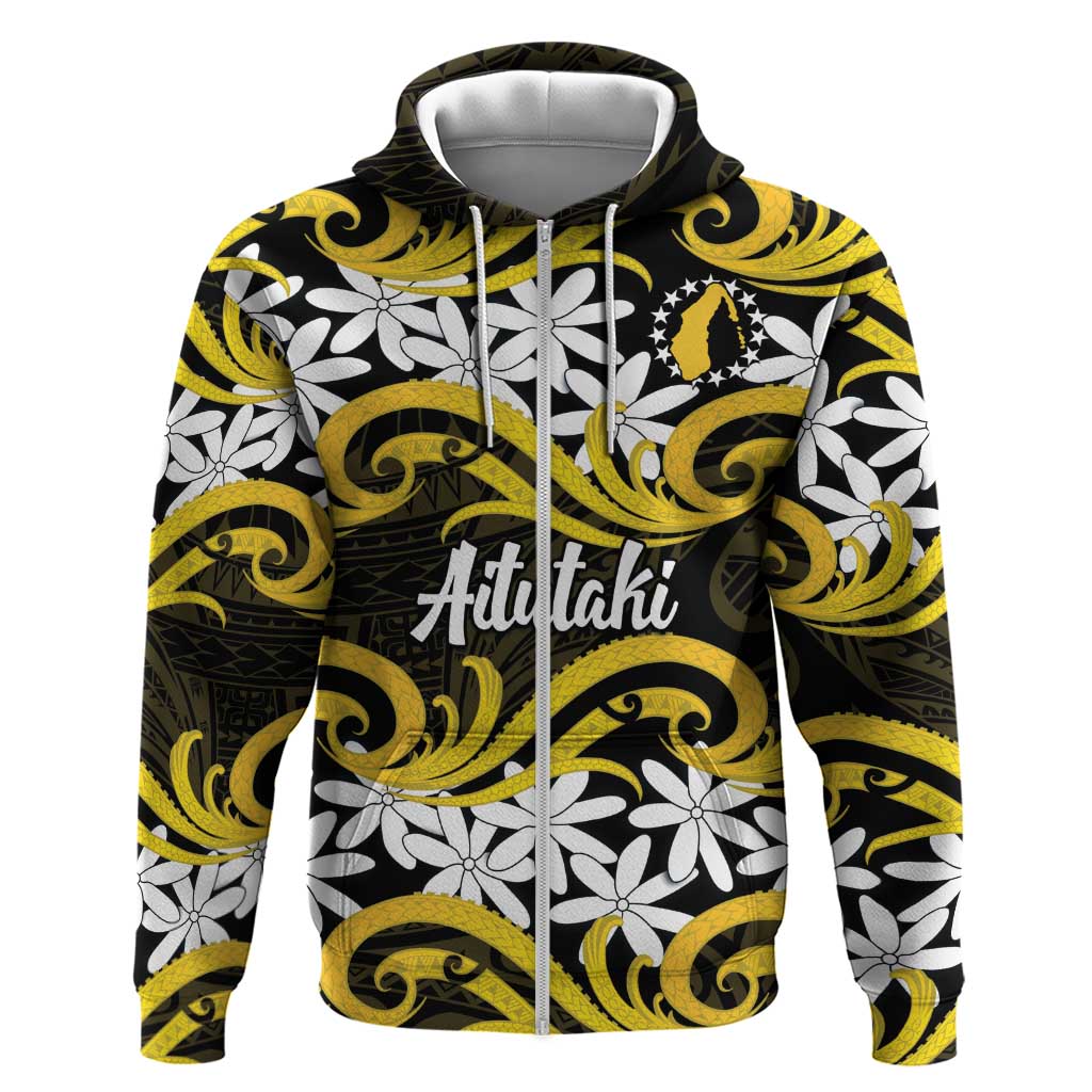 Personalised Cook Islands Aitutaki Zip Hoodie Tiare Maori Polynesian Waves Tattoo