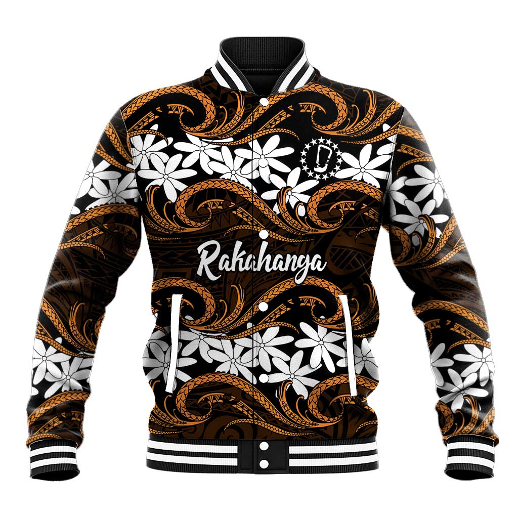 Personalised Cook Islands Rakahanga Baseball Jacket Tiare Maori Polynesian Waves Tattoo