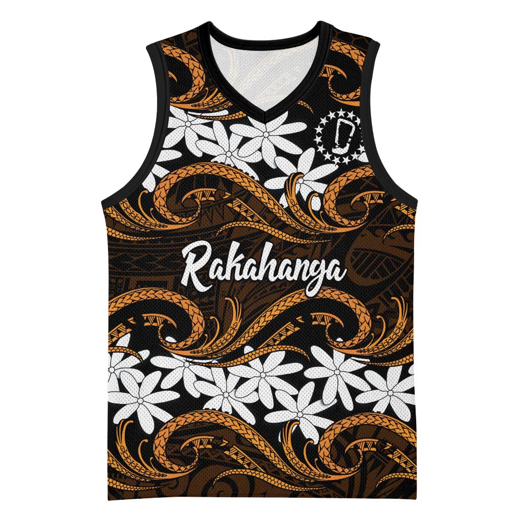 Personalised Cook Islands Rakahanga Basketball Jersey Tiare Maori Polynesian Waves Tattoo