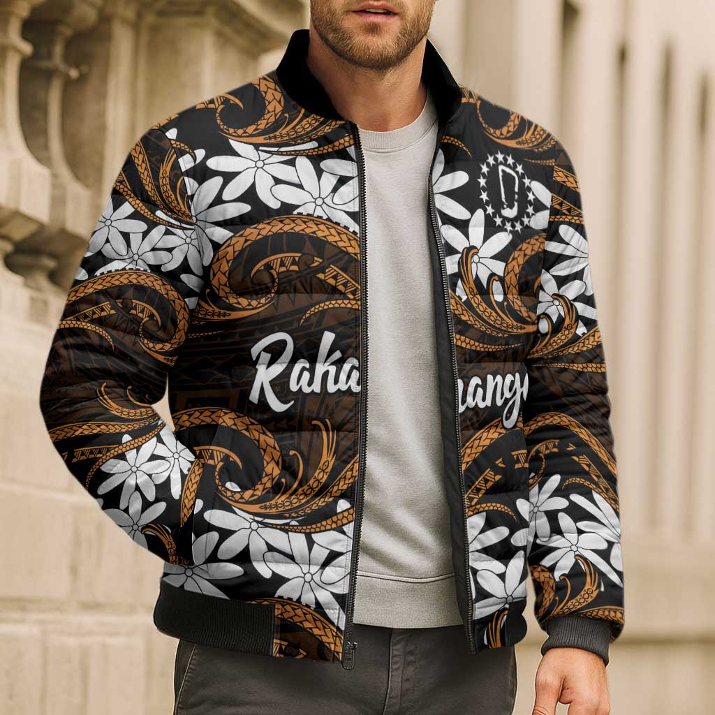Personalised Cook Islands Rakahanga Bomber Puffer Jacket Tiare Maori Polynesian Waves Tattoo