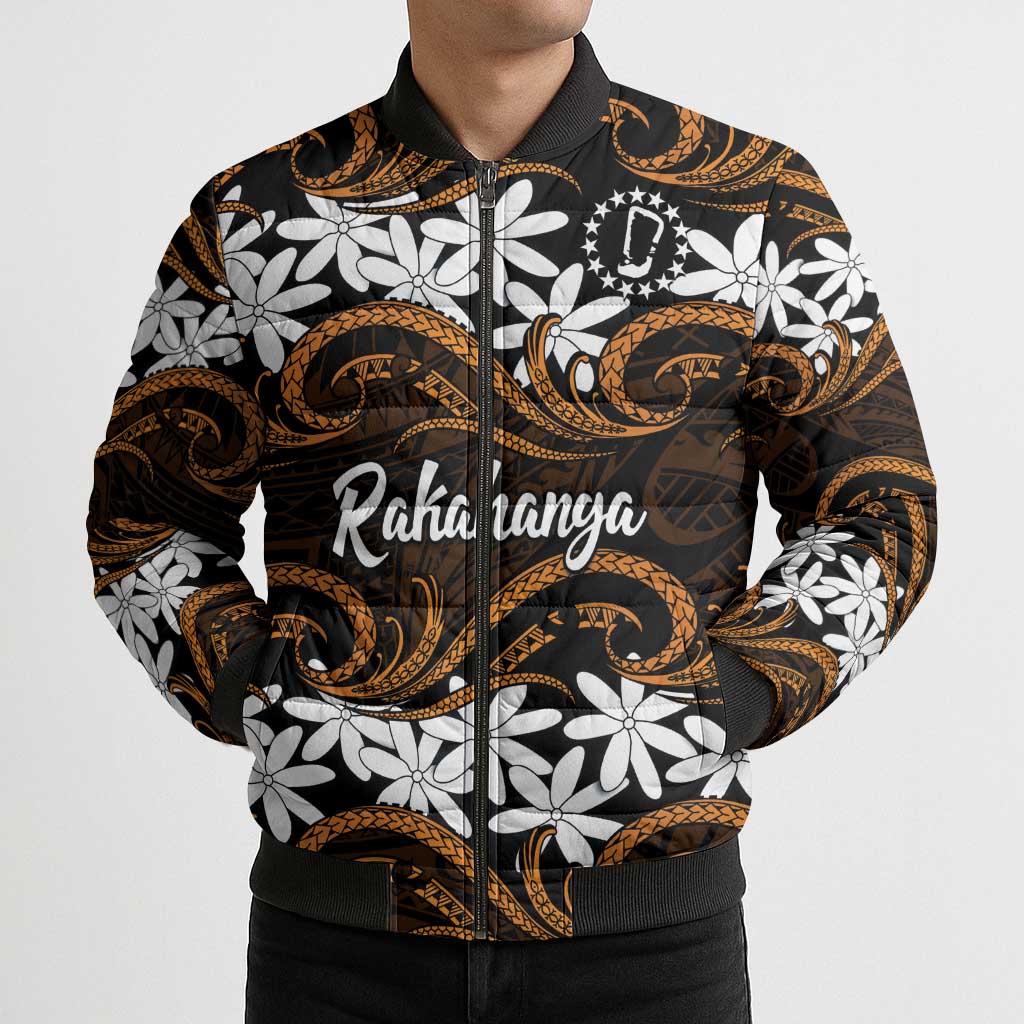 Personalised Cook Islands Rakahanga Bomber Puffer Jacket Tiare Maori Polynesian Waves Tattoo