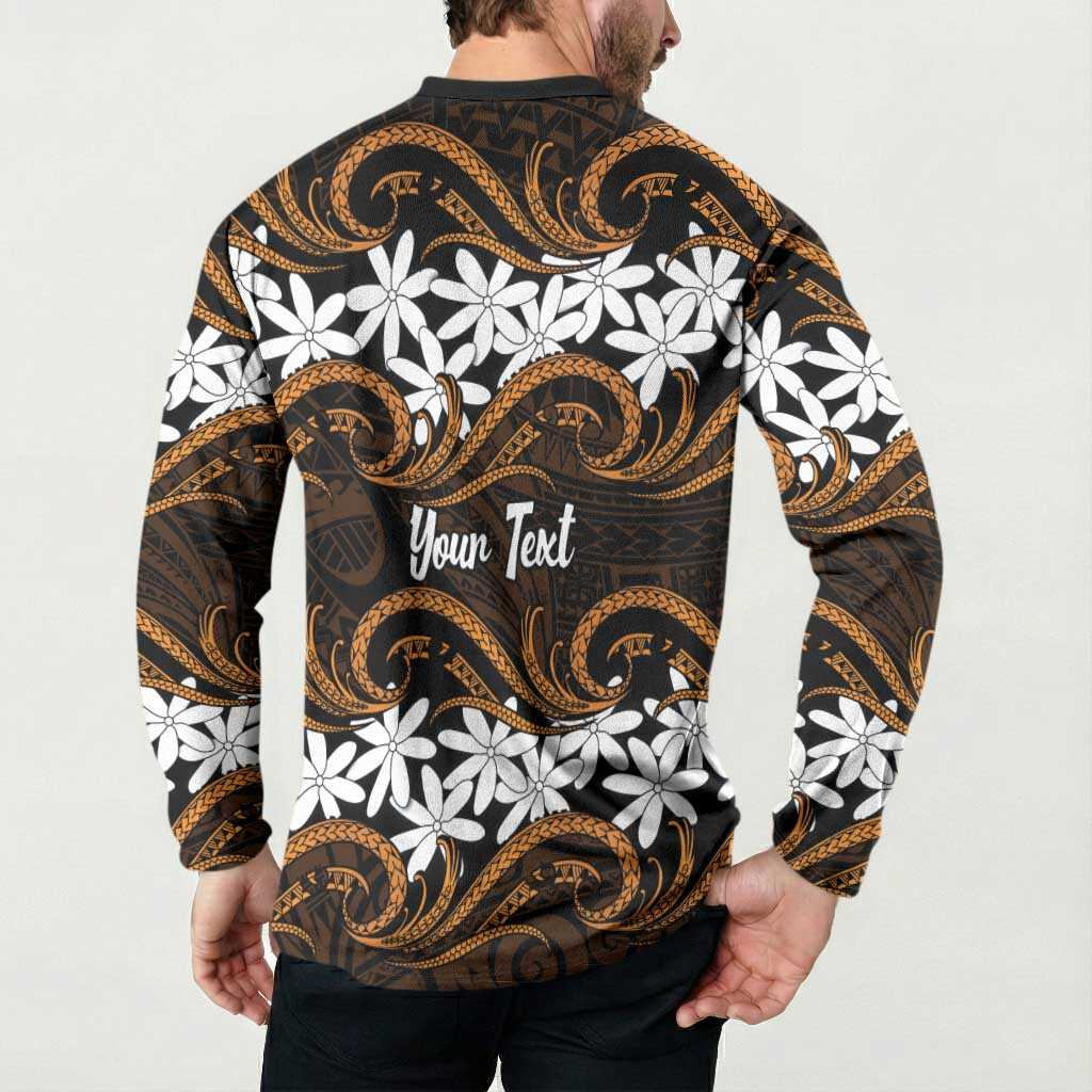 Personalised Cook Islands Rakahanga Button Sweatshirt Tiare Maori Polynesian Waves Tattoo