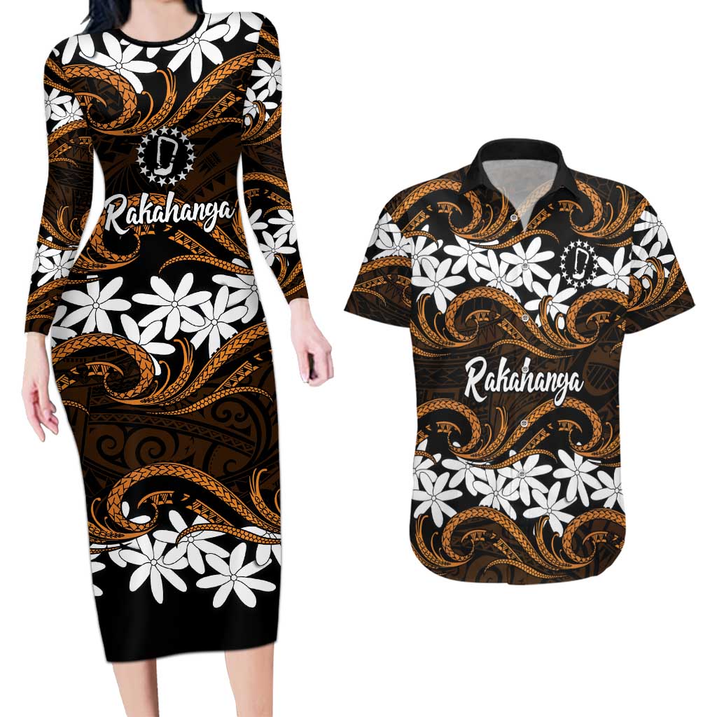 Personalised Cook Islands Rakahanga Couples Matching Long Sleeve Bodycon Dress and Hawaiian Shirt Tiare Maori Polynesian Waves Tattoo LT14 Orange - Polynesian Pride