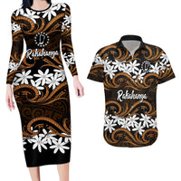 Personalised Cook Islands Rakahanga Couples Matching Long Sleeve Bodycon Dress and Hawaiian Shirt Tiare Maori Polynesian Waves Tattoo LT14 Orange - Polynesian Pride