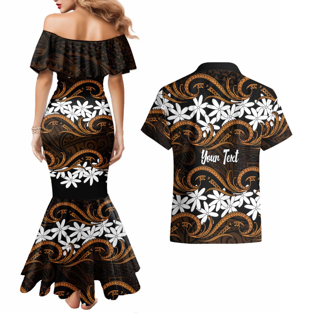 Personalised Cook Islands Rakahanga Couples Matching Mermaid Dress and Hawaiian Shirt Tiare Maori Polynesian Waves Tattoo LT14 - Polynesian Pride
