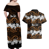 Personalised Cook Islands Rakahanga Couples Matching Off Shoulder Maxi Dress and Hawaiian Shirt Tiare Maori Polynesian Waves Tattoo LT14 - Polynesian Pride