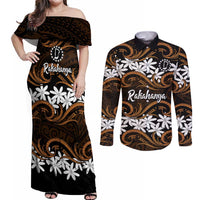 Personalised Cook Islands Rakahanga Couples Matching Off Shoulder Maxi Dress and Long Sleeve Button Shirt Tiare Maori Polynesian Waves Tattoo