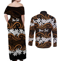 Personalised Cook Islands Rakahanga Couples Matching Off Shoulder Maxi Dress and Long Sleeve Button Shirt Tiare Maori Polynesian Waves Tattoo