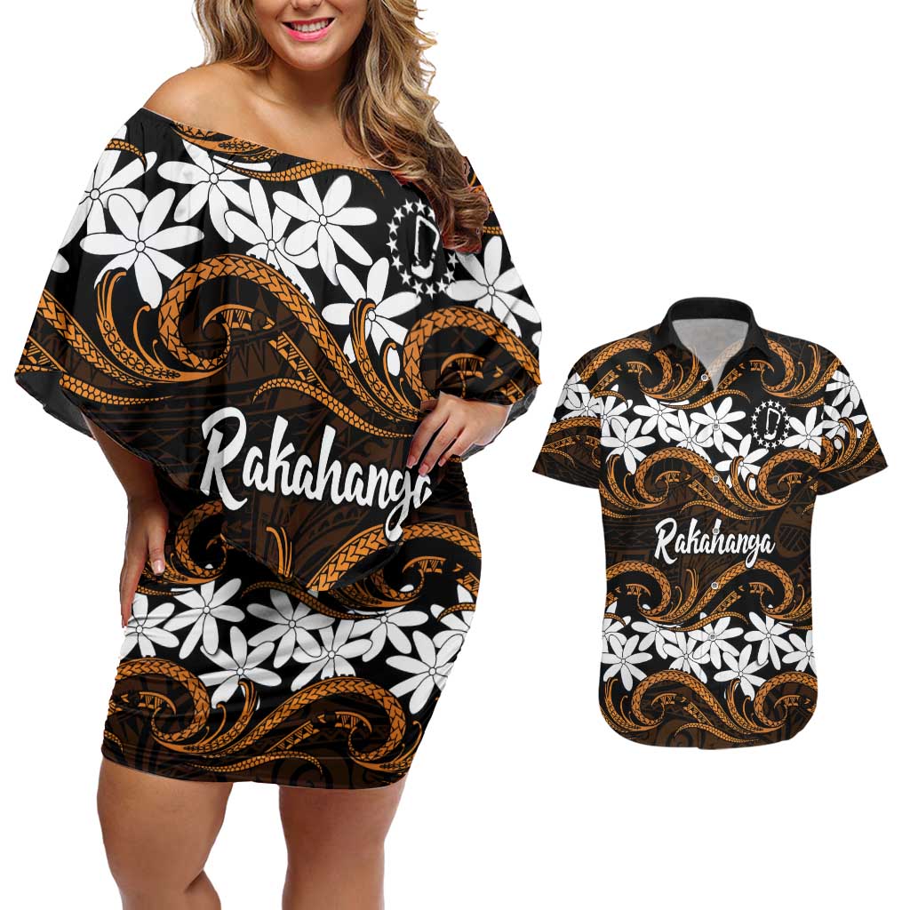 Personalised Cook Islands Rakahanga Couples Matching Off Shoulder Short Dress and Hawaiian Shirt Tiare Maori Polynesian Waves Tattoo LT14 Orange - Polynesian Pride
