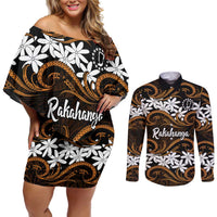 Personalised Cook Islands Rakahanga Couples Matching Off Shoulder Short Dress and Long Sleeve Button Shirt Tiare Maori Polynesian Waves Tattoo