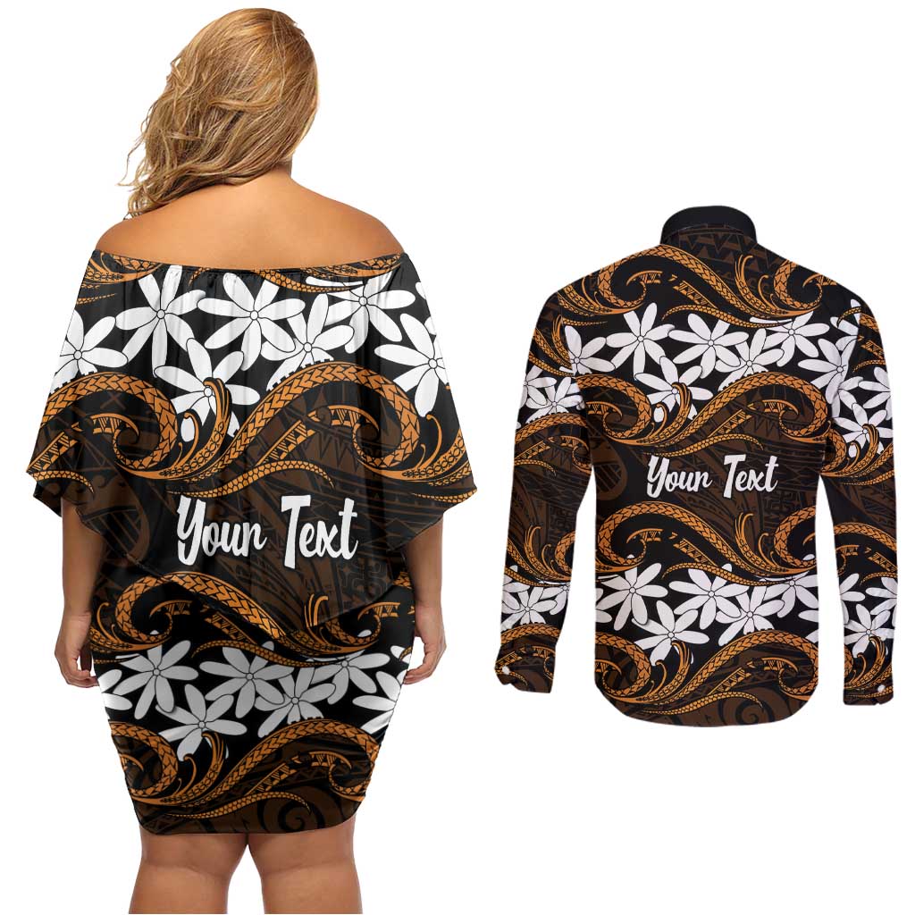Personalised Cook Islands Rakahanga Couples Matching Off Shoulder Short Dress and Long Sleeve Button Shirt Tiare Maori Polynesian Waves Tattoo