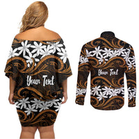 Personalised Cook Islands Rakahanga Couples Matching Off Shoulder Short Dress and Long Sleeve Button Shirt Tiare Maori Polynesian Waves Tattoo