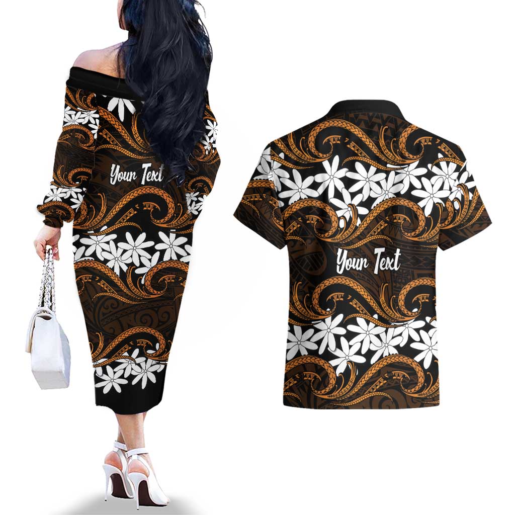 Personalised Cook Islands Rakahanga Couples Matching Off The Shoulder Long Sleeve Dress and Hawaiian Shirt Tiare Maori Polynesian Waves Tattoo LT14 - Polynesian Pride