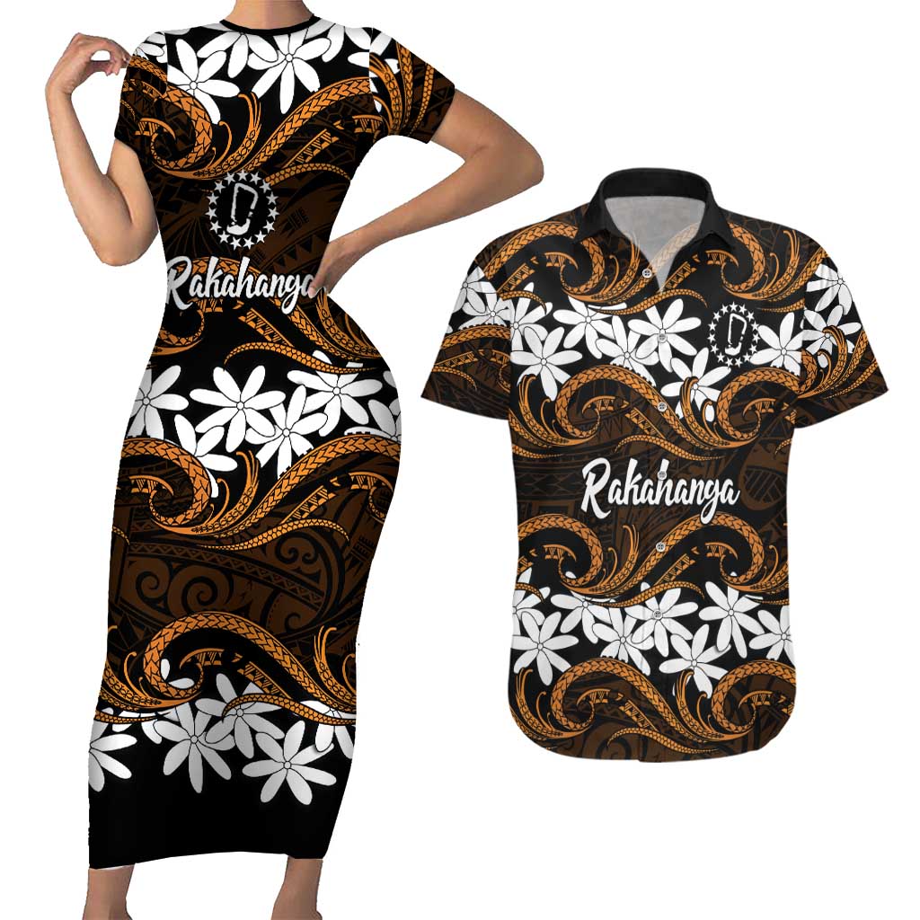 Personalised Cook Islands Rakahanga Couples Matching Short Sleeve Bodycon Dress and Hawaiian Shirt Tiare Maori Polynesian Waves Tattoo LT14 Orange - Polynesian Pride