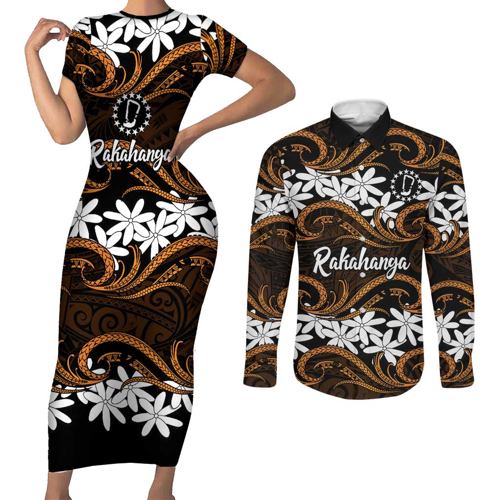 Personalised Cook Islands Rakahanga Couples Matching Short Sleeve Bodycon Dress and Long Sleeve Button Shirt Tiare Maori Polynesian Waves Tattoo LT14 Orange - Polynesian Pride