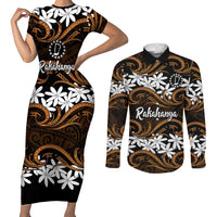 Personalised Cook Islands Rakahanga Couples Matching Short Sleeve Bodycon Dress and Long Sleeve Button Shirt Tiare Maori Polynesian Waves Tattoo LT14 Orange - Polynesian Pride