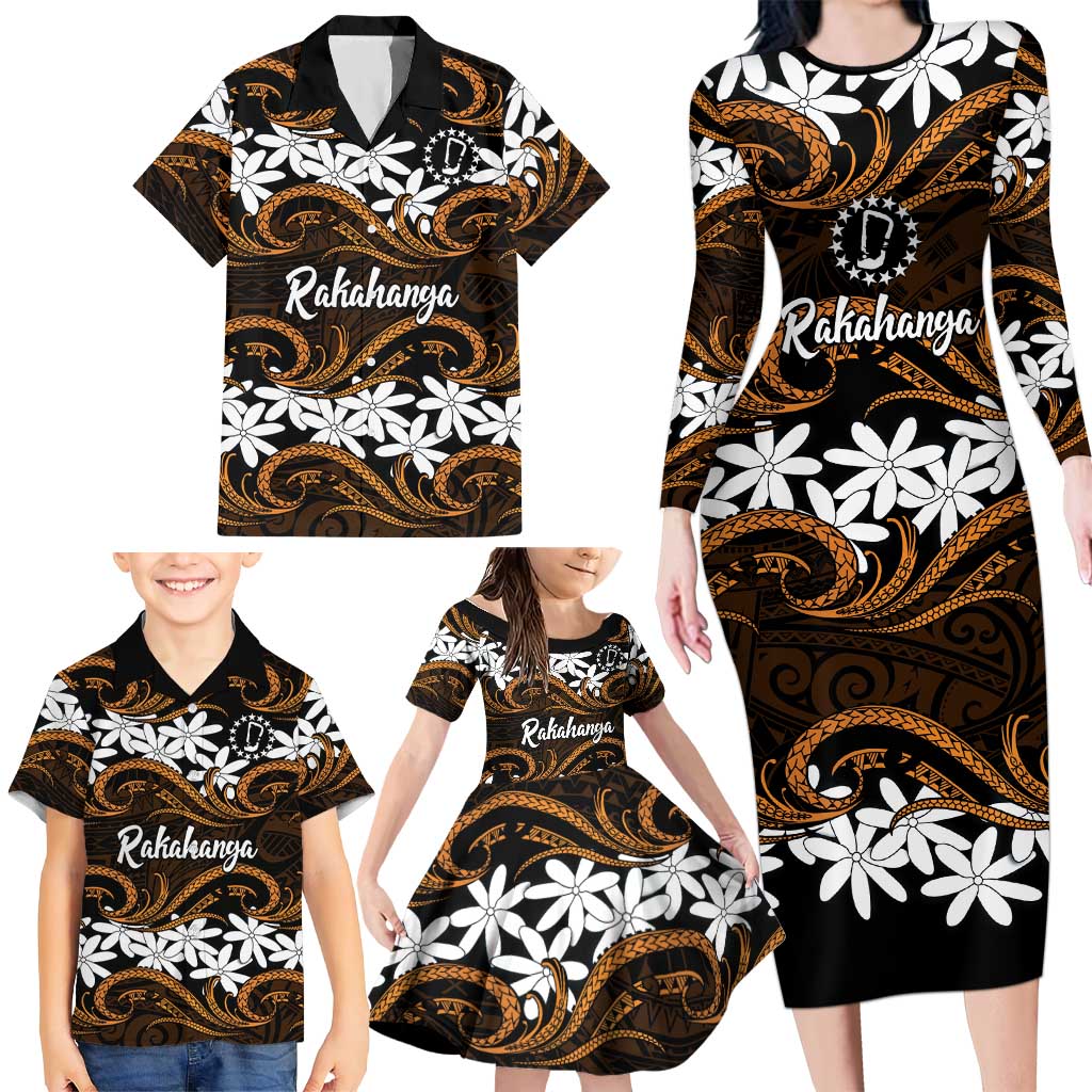 Personalised Cook Islands Rakahanga Family Matching Long Sleeve Bodycon Dress and Hawaiian Shirt Tiare Maori Polynesian Waves Tattoo LT14 - Polynesian Pride