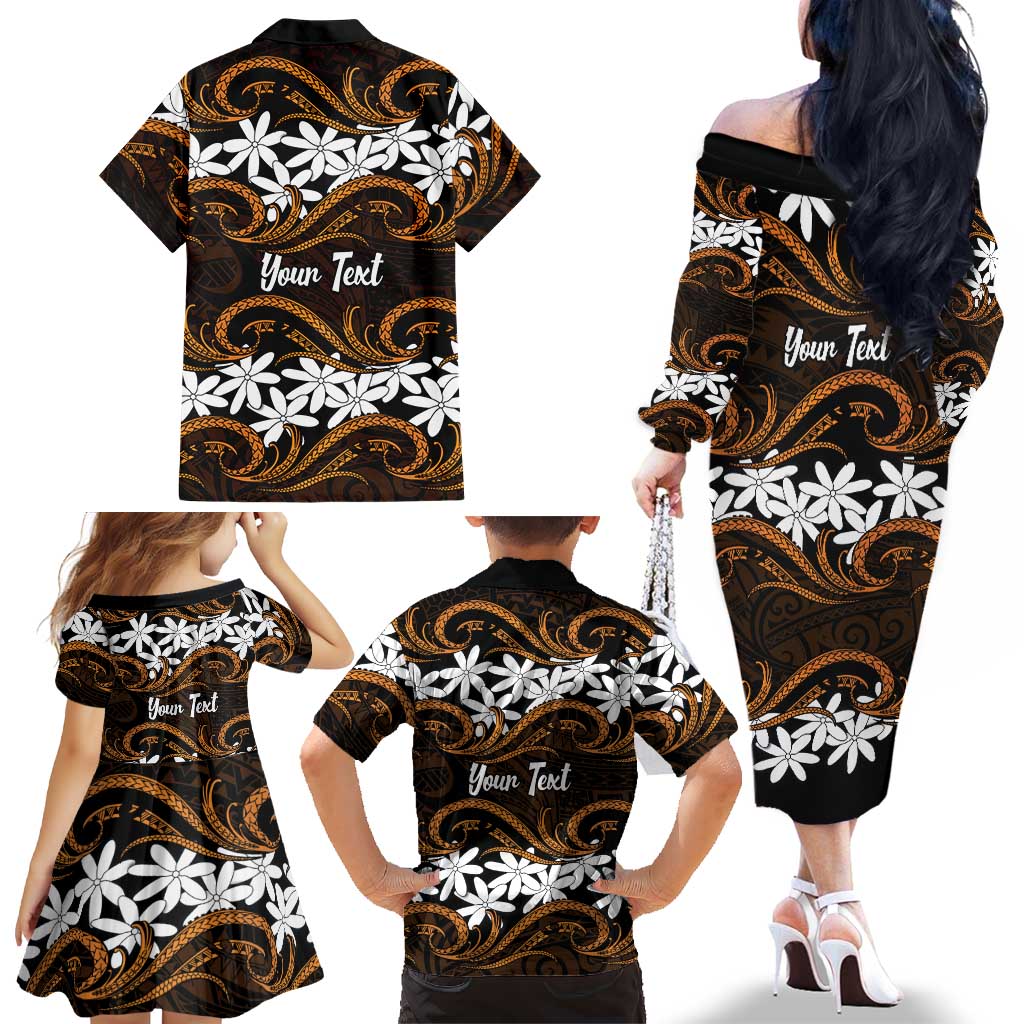 Personalised Cook Islands Rakahanga Family Matching Off The Shoulder Long Sleeve Dress and Hawaiian Shirt Tiare Maori Polynesian Waves Tattoo LT14 - Polynesian Pride