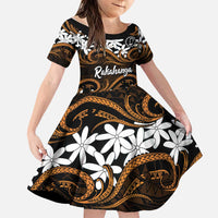 Personalised Cook Islands Rakahanga Family Matching Off Shoulder Maxi Dress and Hawaiian Shirt Tiare Maori Polynesian Waves Tattoo LT14 Daughter's Dress Orange - Polynesian Pride