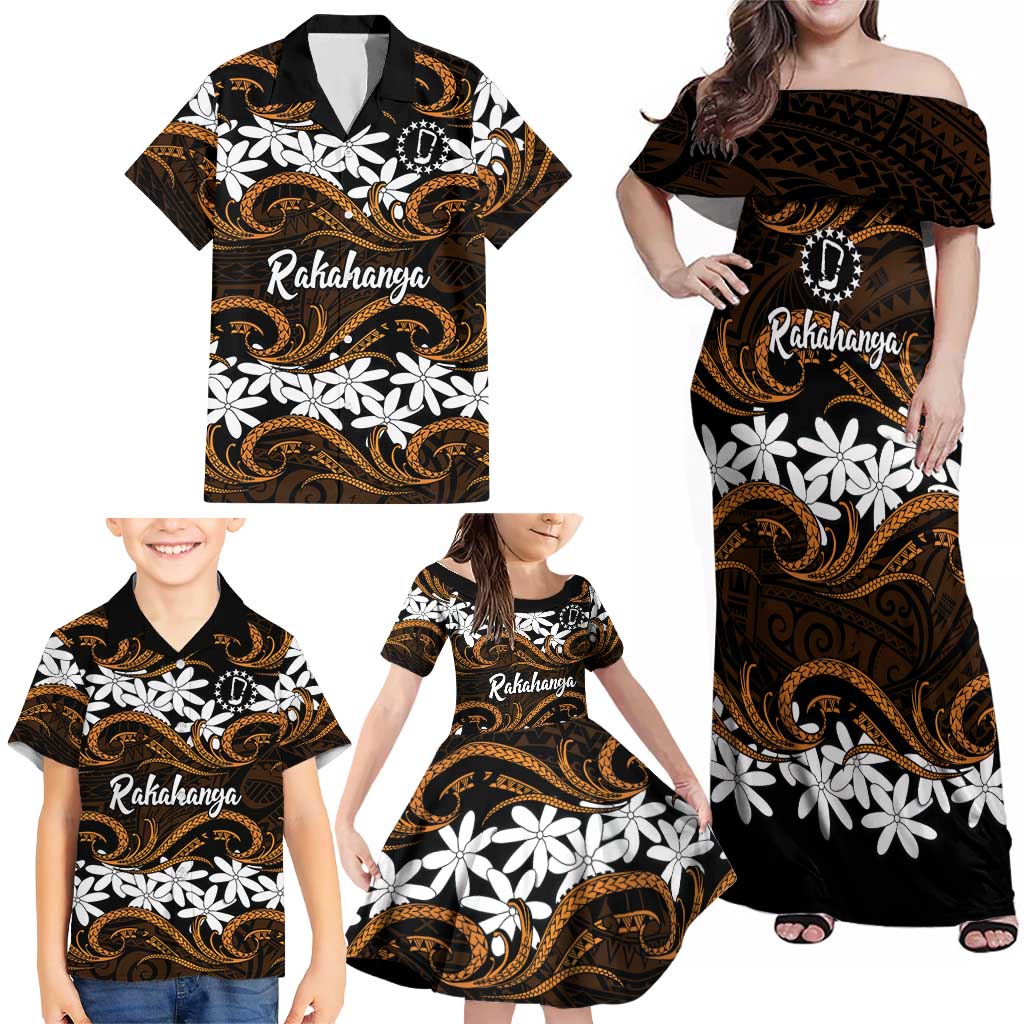 Personalised Cook Islands Rakahanga Family Matching Off Shoulder Maxi Dress and Hawaiian Shirt Tiare Maori Polynesian Waves Tattoo