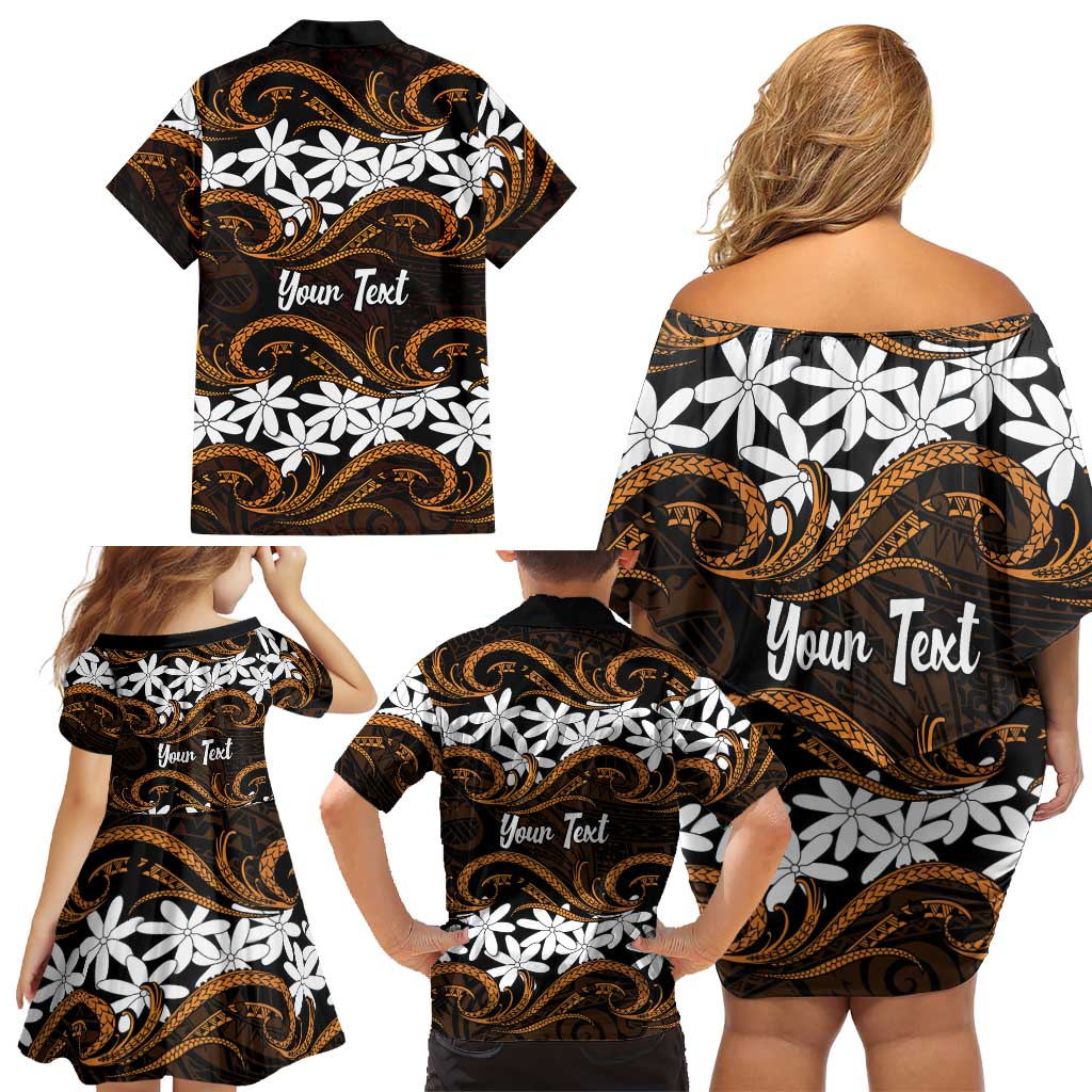 Personalised Cook Islands Rakahanga Family Matching Off Shoulder Short Dress and Hawaiian Shirt Tiare Maori Polynesian Waves Tattoo LT14 - Polynesian Pride
