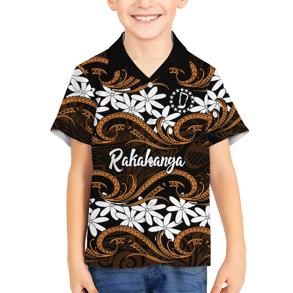Personalised Cook Islands Rakahanga Family Matching Short Sleeve Bodycon Dress and Hawaiian Shirt Tiare Maori Polynesian Waves Tattoo LT14 Son's Shirt Orange - Polynesian Pride